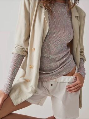 Free People Gold Rush Long Sleeve Sequin Top Irridescent Pink Champagne Small